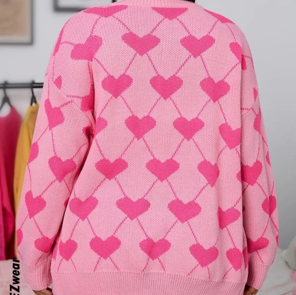 Shein Plus pink with pink  heart pattern drop shoulder cardigan duster s… - Picture 10 of 17